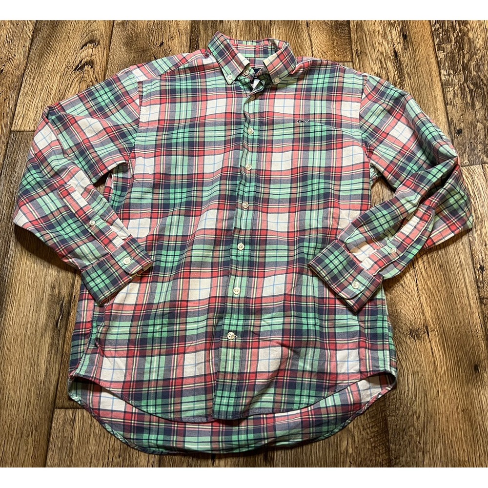 Vineyard Vines Whale Shirt Mens S Plaid Pink Red Green White Button Front EUC